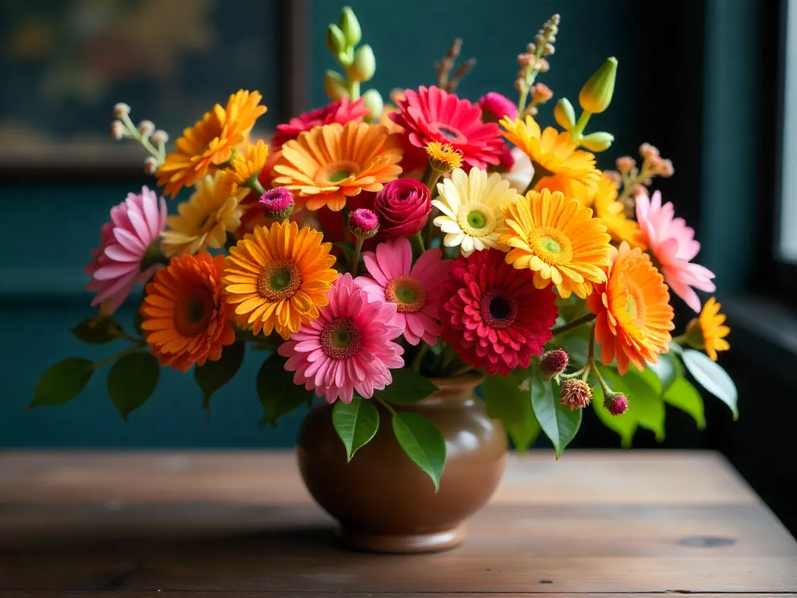 Colorful mixed seasonal flowers arrangement