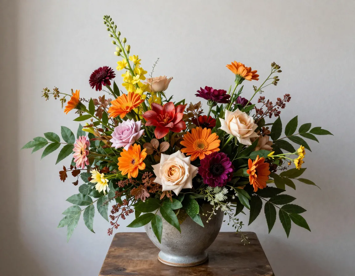 Vibrant mixed seasonal flowers in decorative arrangement