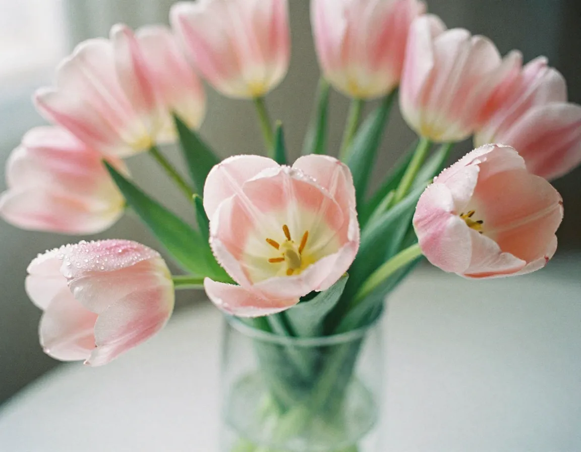 Fresh spring tulips in elegant glass vase